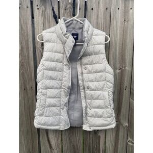 Gap Womens XS Grey White Geometric Print Puffer Vest Quilted Fleece Lined Zip Up